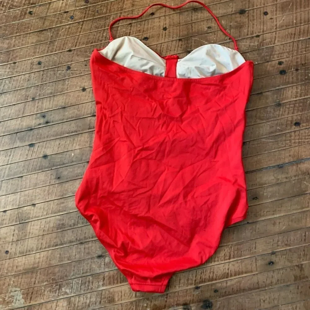 J Crew cherry red ruched halter 14 one piece swimsuit